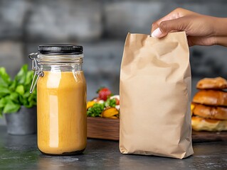 Hand Picking Up Paper Bag of Takeout Food with Salad Dressing in Jar