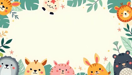 children's poster with smiling cartoon jungle animals and empty space
