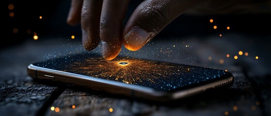 Hand Touching Glowing Smartphone Screen with Golden Sparks