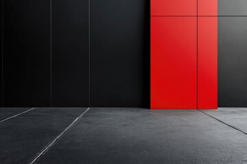 Modern minimalist interior, black and red accent wall