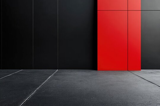 Modern minimalist interior, black and red accent wall