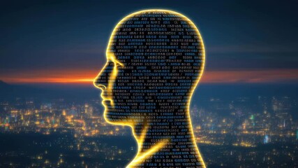 A digital human head silhouette filled with code overlays a cityscape at dusk, symbolizing artificial intelligence and technology. - Powered by Adobe