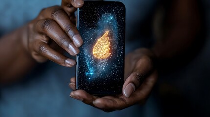 Hands Holding Smartphone Displaying Holographic App Login Interface