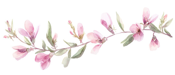 Fototapeta premium Watercolor cherry blossom flowers with pink and red flowers, black ink leaves on a white background. 