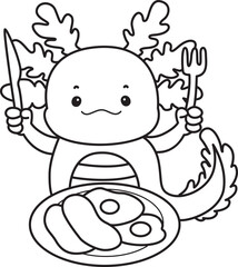 Outline of Illustration of cute axolotl activities icon.
Lineart of Funny pink axolotl in daily routine stickers.
