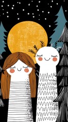 Happy Girls in Night Forest with Orange Moon and Stars