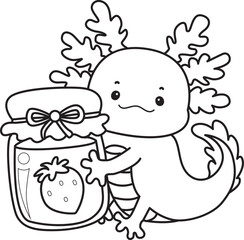 Outline of Illustration of cute axolotl activities icon.
Lineart of Funny pink axolotl in daily routine stickers.
