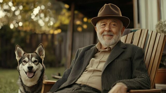 Happy senior man with his dog in the garden