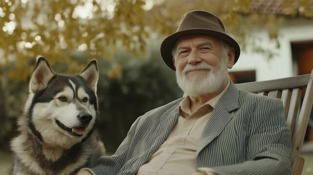 Happy senior man with his Alaskan Malamute dog