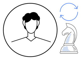Simplistic profile avatar next to chess knight and circular arrows illustrating strategy, renewal, planning, identity, innovation, decision-making. Ideal for teamwork, personal branding, leadership