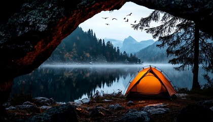 Illuminated Tent by Misty Mountain Lake at Sunrise