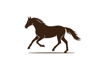 Horse running in full stride, flat vector logo, clean edges, dark brown and ivory tones.
