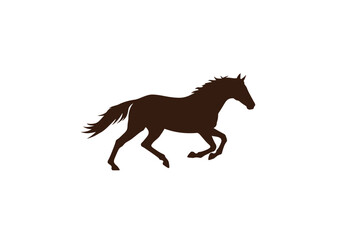 Horse running in full stride, flat vector logo, clean edges, dark brown and ivory tones.