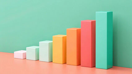 Colorful 3d bar graph showing growth and progress on a pastel background