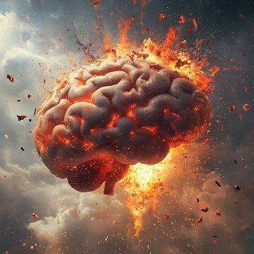 Firey human brain explosion glowing cracks particles surreal artistic concept powerful mental image