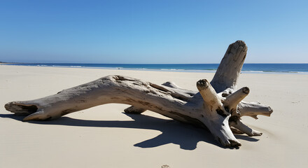 Fototapeta premium Weathered Driftwood Log on Seaside Shore