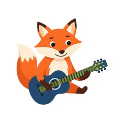 Obraz premium Fox with a guitar illustration on white background.