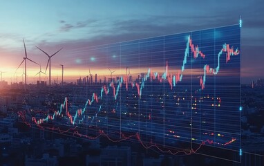 City skyline at dawn, wind turbines, overlayed with stock market graphs