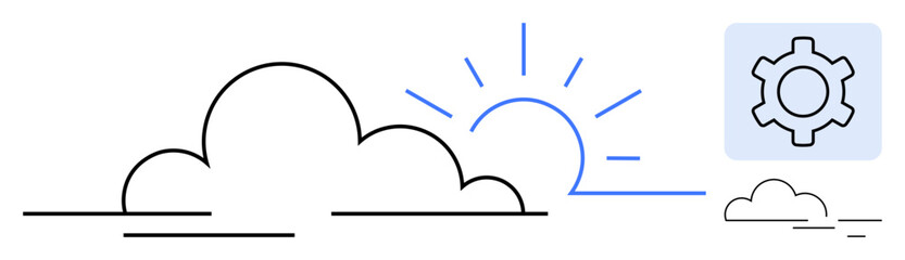 Clouds, sunbeams, and a gear symbolize technology, progress, and automation. Ideal for web hosting, cloud computing, innovation, IT solutions digital transformation sustainability simple landing