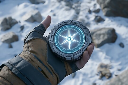 A Steady Hand Holds a Futuristic Holographic Compass in a Snowy Landscape