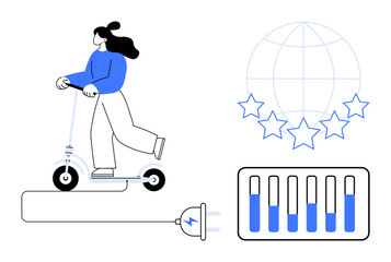 Woman on an electric scooter, charging plug, star-rated global concept, bar chart. Ideal for sustainability, green energy, urban mobility, performance tracking, innovation technology simple landing