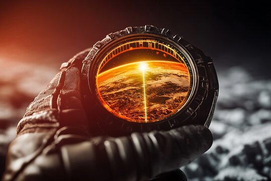 Futuristic Holographic Compass Guides an Astronaut's Steady Hand Toward a Distant Horizon