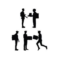 Delivery Worker Silhouette Vector Set Man Pushing Hand Truck with Boxes Icon Collection on White Background