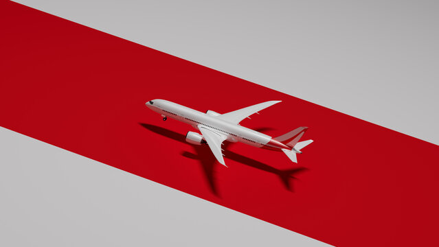 Bright commercial airliner on a bold red background with shadows
