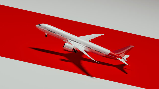 Commercial airliner taking off against a vivid red background