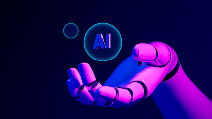 Robot hand displays bubble with AI message in vivid colors