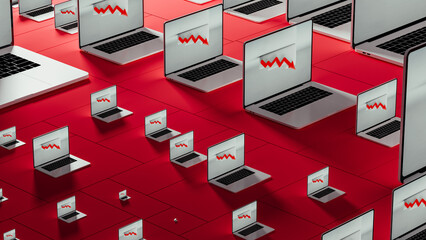 Multiple laptops show declining stock market trends with red arrows