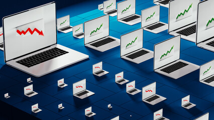 Laptops showing fluctuating stock trends