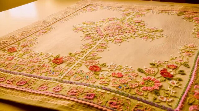 Elegant beige fabric with delicate floral embroidery, featuring a cross-shaped design in pink and green on a textured surface.