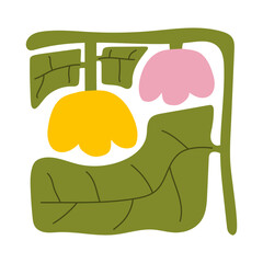 Abstract plants. Botanical doodle background art. Flower and leaves abstract shape. Trendy floral in primitive contemporary style design for print, wallpaper, wall art for home decoration.