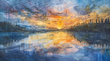 Watercolor landscape of a serene sunset over a lake