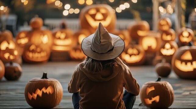 Child in Witch Hat Admiring Illuminated Jack o' lanterns on Halloween Night
