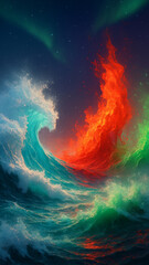 Artistic Illustration of a Dynamic Wave with Fire, Sky and Starry Aurora