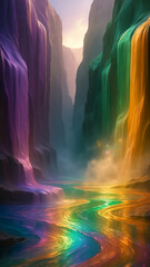 Dreamlike Colorful Canyon with Flowing Rainbow River and Magical Atmosphere