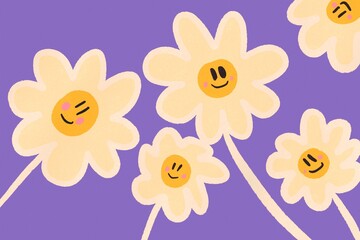 Whimsical animated flowers with happy faces on a purple background