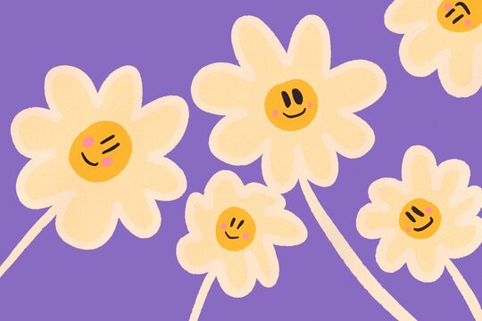 Fototapeta Whimsical animated flowers with happy faces on a purple background