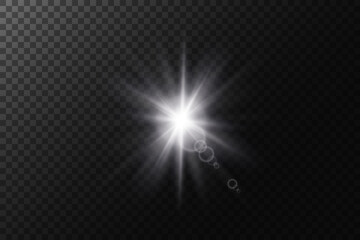 White light. Flash of light. Sun rays. Silver glitter. Vector illustration.