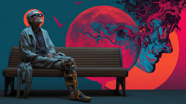 man broken leg park bench. Pop art retro vector illustration kitsch vintage