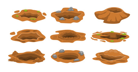 Set of ground holes set collection for garden landscape decoration, environment and land surface cartoon, Soil Cavities, Animal Burrows, Sinkholes, and Tunnels Natural Landscape.