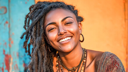Portrait of confident dark-skinned woman with long dreadlocks smiling warmly against bright colorful background