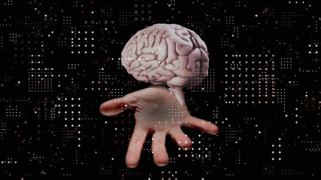 Digital grid shifting then palm rising while brain appearing and rotating to illustrate neural data