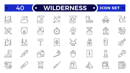Wilderness Outline Icon Set. Adventure, Nature, Hiking, Camping, Mountains, Forest, Exploration, Backpack, Trail, Landscape, Outdoor Recreation, Travel, Wildlife, Tent, Map, Badge, Vector Design