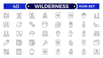 Wilderness Outline Icon Set. Adventure, Nature, Hiking, Camping, Mountains, Forest, Exploration, Backpack, Trail, Landscape, Outdoor Recreation, Travel, Wildlife, Tent, Map, Badge, Vector Design