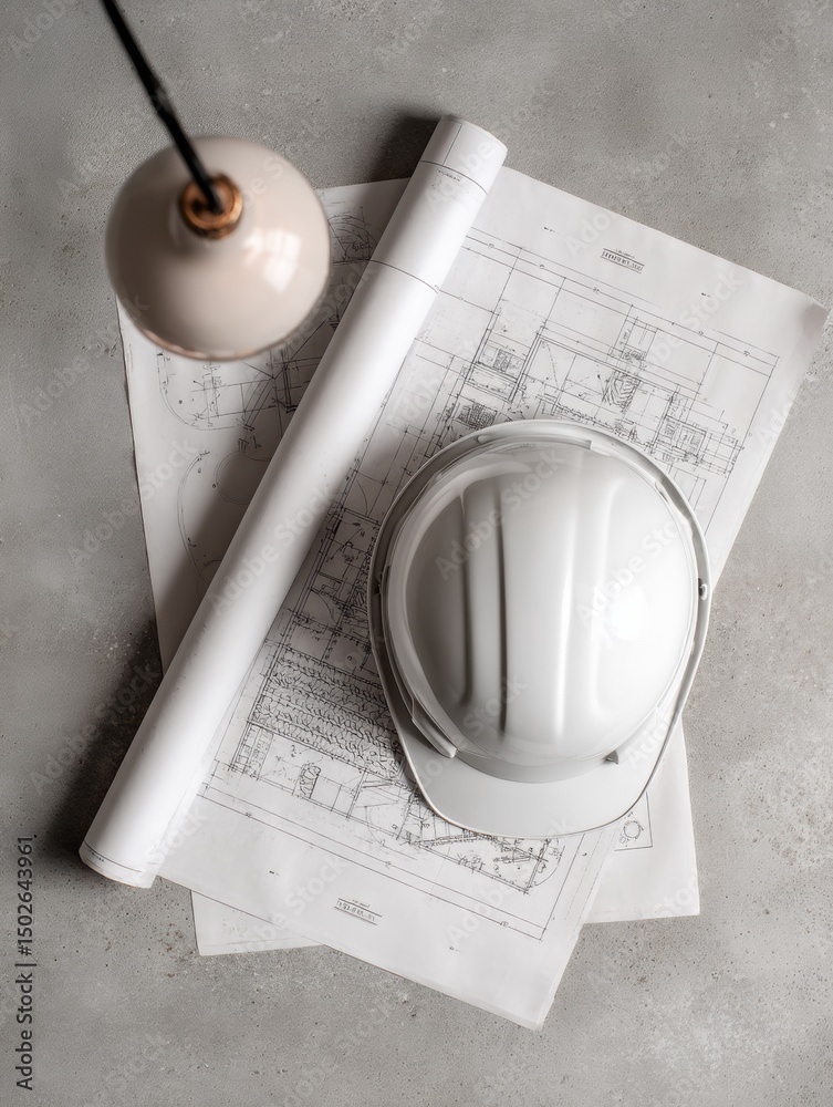 Leinwandbilder blueprint rolls and a construction helmet arranged flat with overhead lighting creating an organized