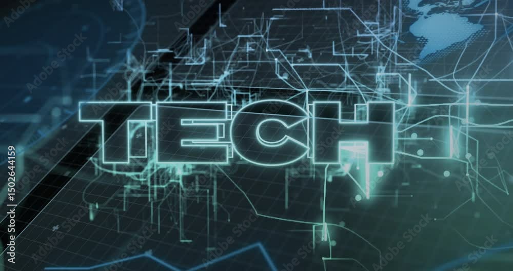 Poster grid emerging triggers lines converging into neon tech text, data streaming for tech branding