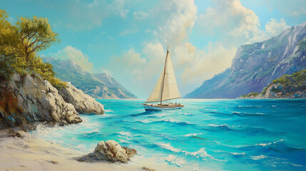 In vibrant turquoise seas, a sleek sailing yacht cruises gracefully.

